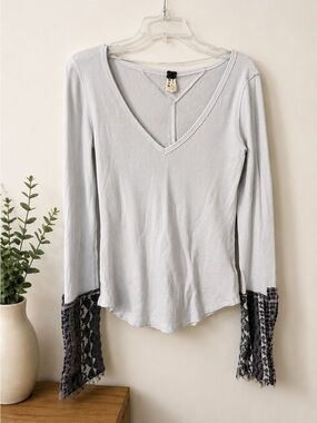 We The Free Lavender V-Neck Thermal Top with Patterned Bell Cuffs